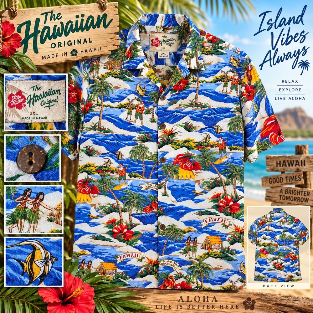Hilo Hattie Mele Kalikimaka Christmas Santa Mens 2XL Blue Multi Button Up Aloha